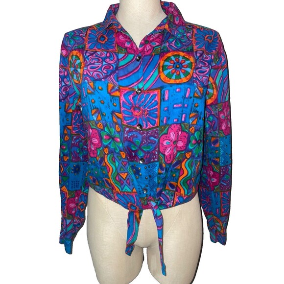 Chico's Vintage Colourful Tie Front Button Down Shirt size 1/M made in India - Picture 1 of 8